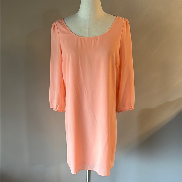 Hello Miss peach shift mini Dress Bishop 3/4 Sleeves long back zipper V back L - Picture 1 of 14